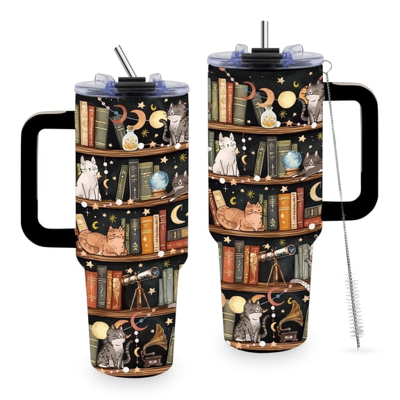 Book Lovers Gifts 40oz Tumbler, Library Cat Tumbler for Friend, Bookish Gifts for Readers Librarian, Birthday Gift for Mom Daughter Sister, Book Accessories Stainless Steel Travel Mug