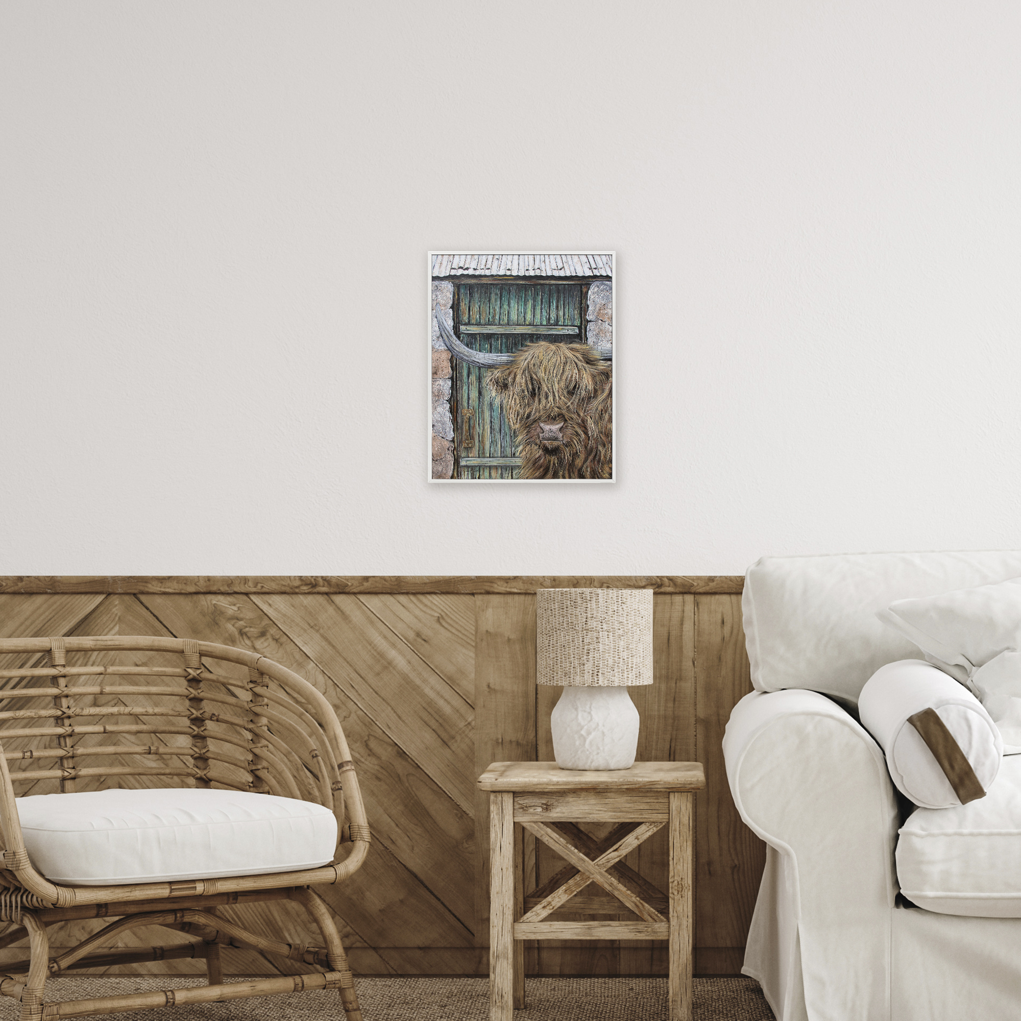 Highland Cow by Barn Door White Framed Giclee Art, design by Jean Plout