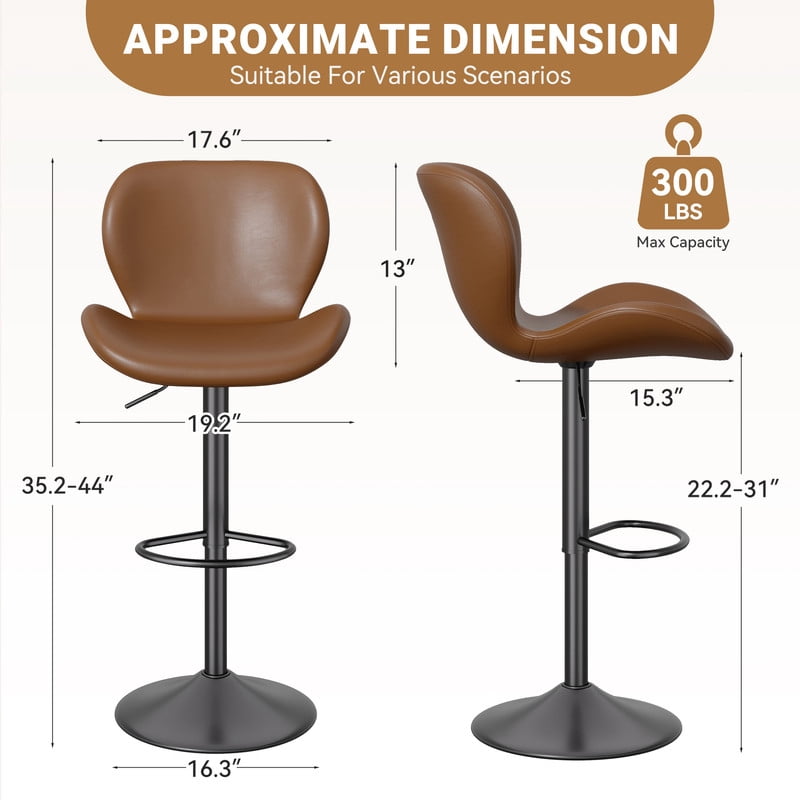 Hawsaiy Modern Swivel Bar Stools Set of 2, PU Leather Bar Chairs with Back & Footrest, Adjustable Height 22.2"-31" for Kitchen Island,Dark Brown