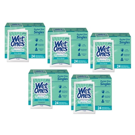 5 Pack Wet Ones Sensitive Skin Hand Wipes Unscented Individually Wrapped 24 Each