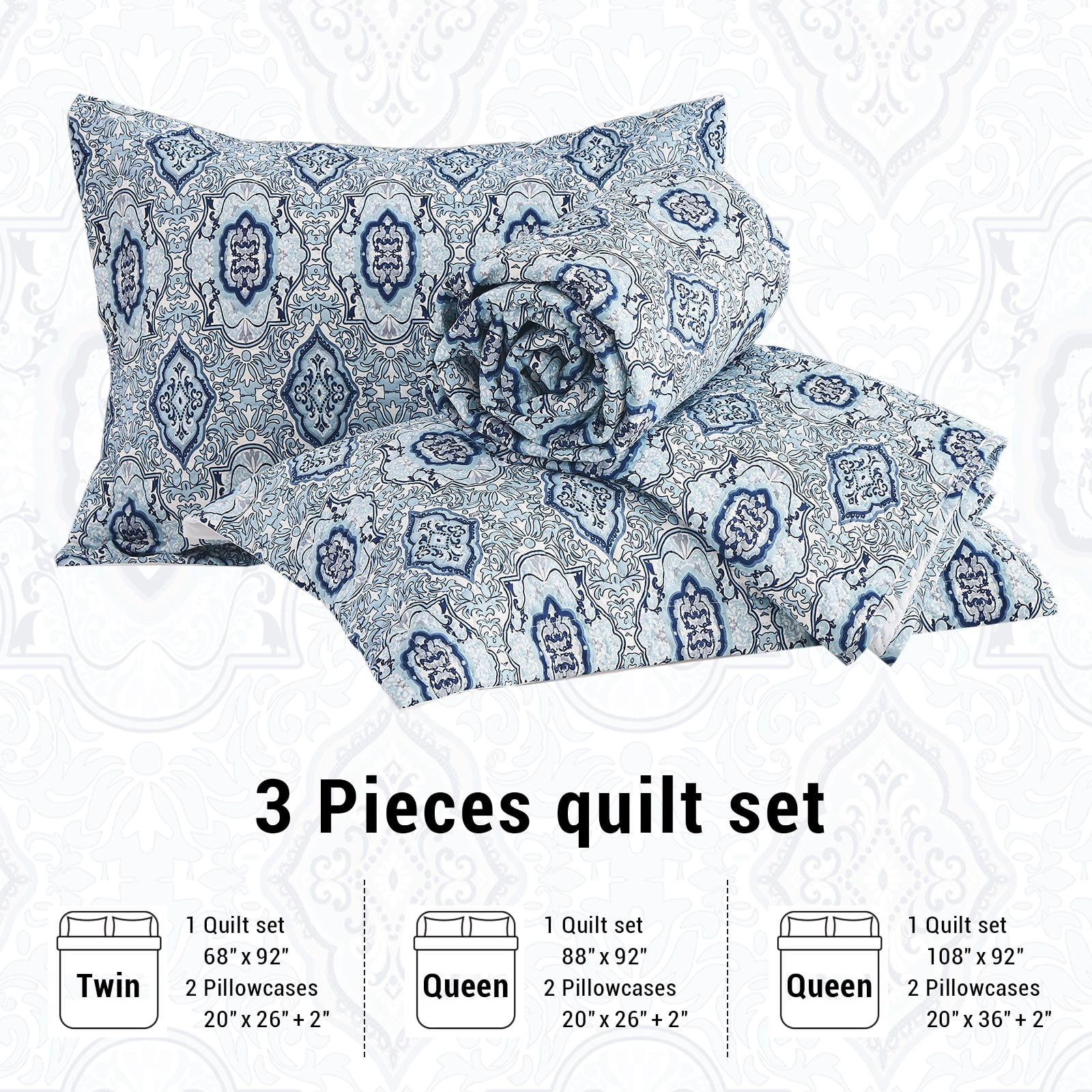 Hitime Luxury Printed Quilt Set King Size, Lightweight Comforter Set, Oversized Bedspread Coverlet Quilted Bedding Set, with 2 Matching Pillowcases, for All Season