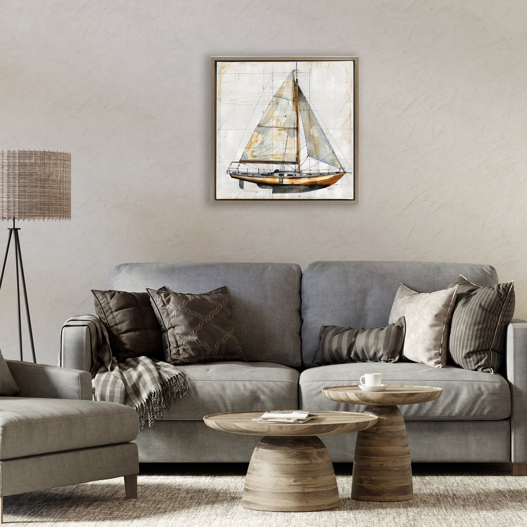 Stupell Industries Vintage Sailboat Drawing Blueprint Brown Framed Floater Canvas Wall Art, design by Creative Studio