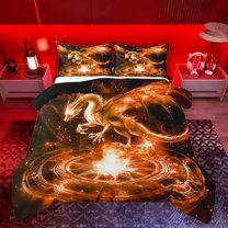 Homewish Cartoon Animal Dragon Queen Comforter Set,Western Fantasy Bedding Sets,Orange Black Bedding Comforter Set For Boys Kids,Super Cozy Room Decor Reversible,3pcs