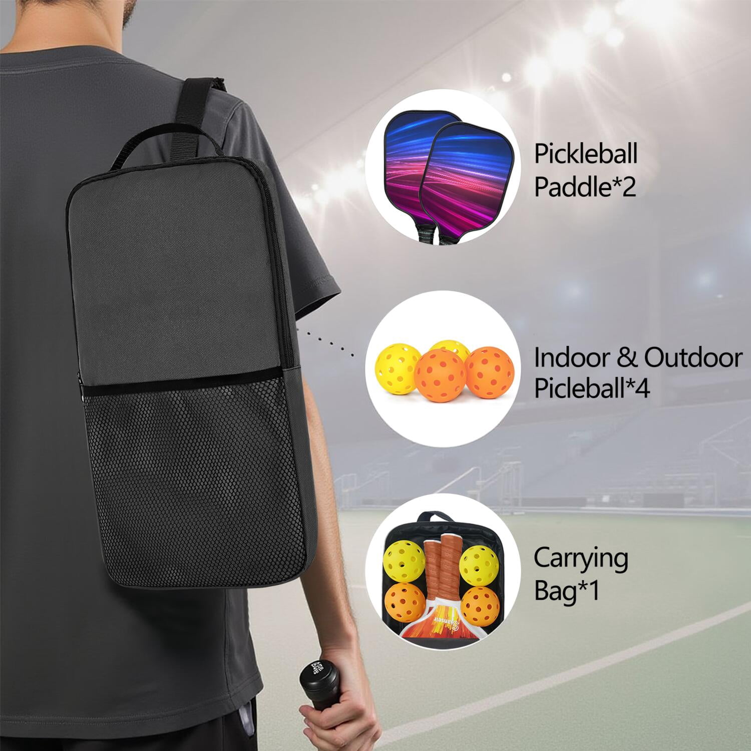 Pickleball Paddles Set Of 2, Fiberglass Surface, Thunder, Speed Print, 4 Balls & Bag