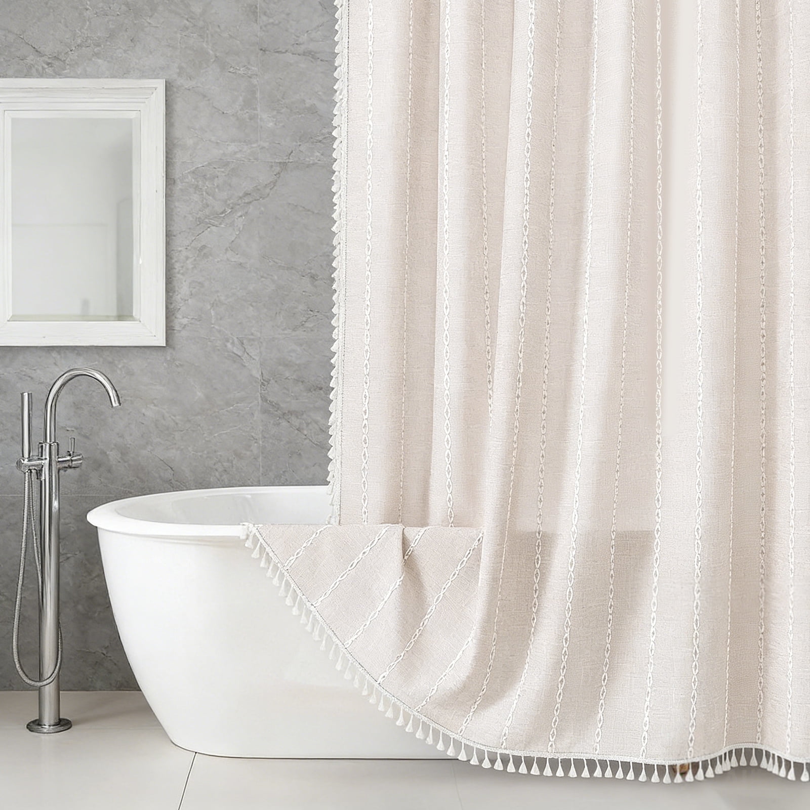 Dznils Boho Tassel Shower Curtain with Hooks, Farmhouse Thick Cloth Linen Fabric Bathroom Curtain, Beige, 72" x 72"