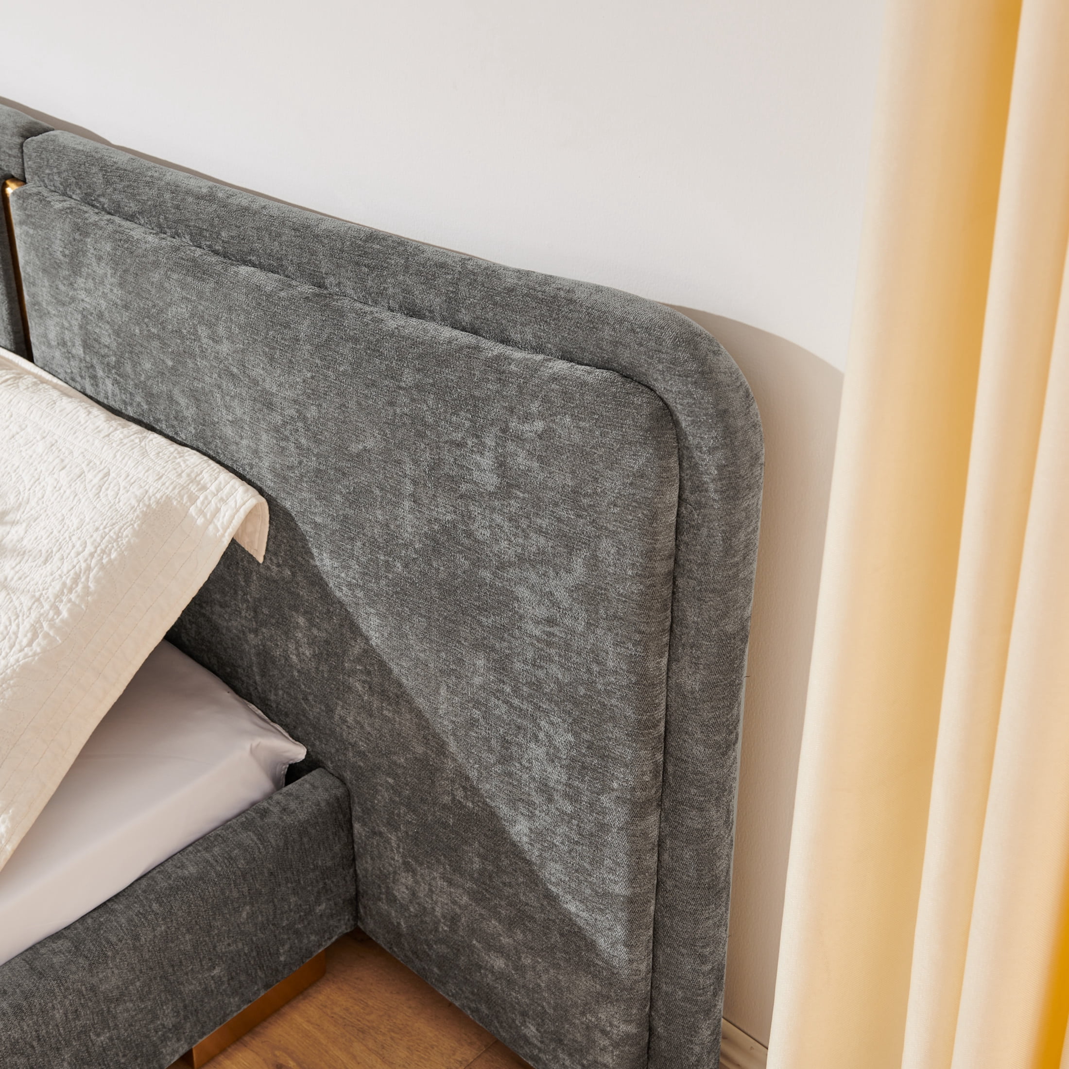 Noble House Zerra King Size Platform Bed, Chenille Upholstered Curved Headboard with Reinforced Metal Legs, Dark Gray