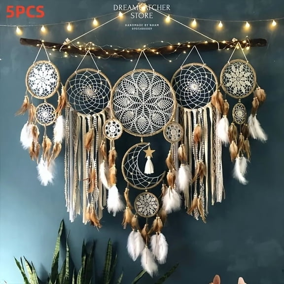 Camel Color Large Dream Catcher, Handmade Moon & Sun Boho Wall Decoration, Sweet Dream Bed Decor for Christmas Thanksgiving Gift