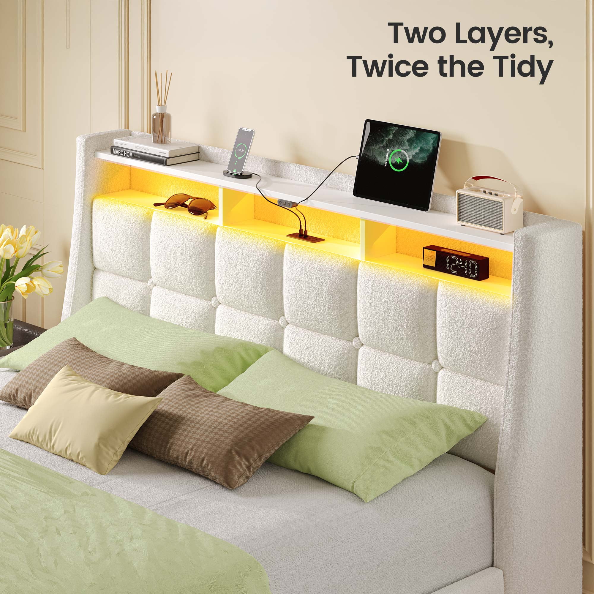 Greenstell Queen LED Storage Bed Frame - Charging Station, App Control, 1200LBS Capacity, White