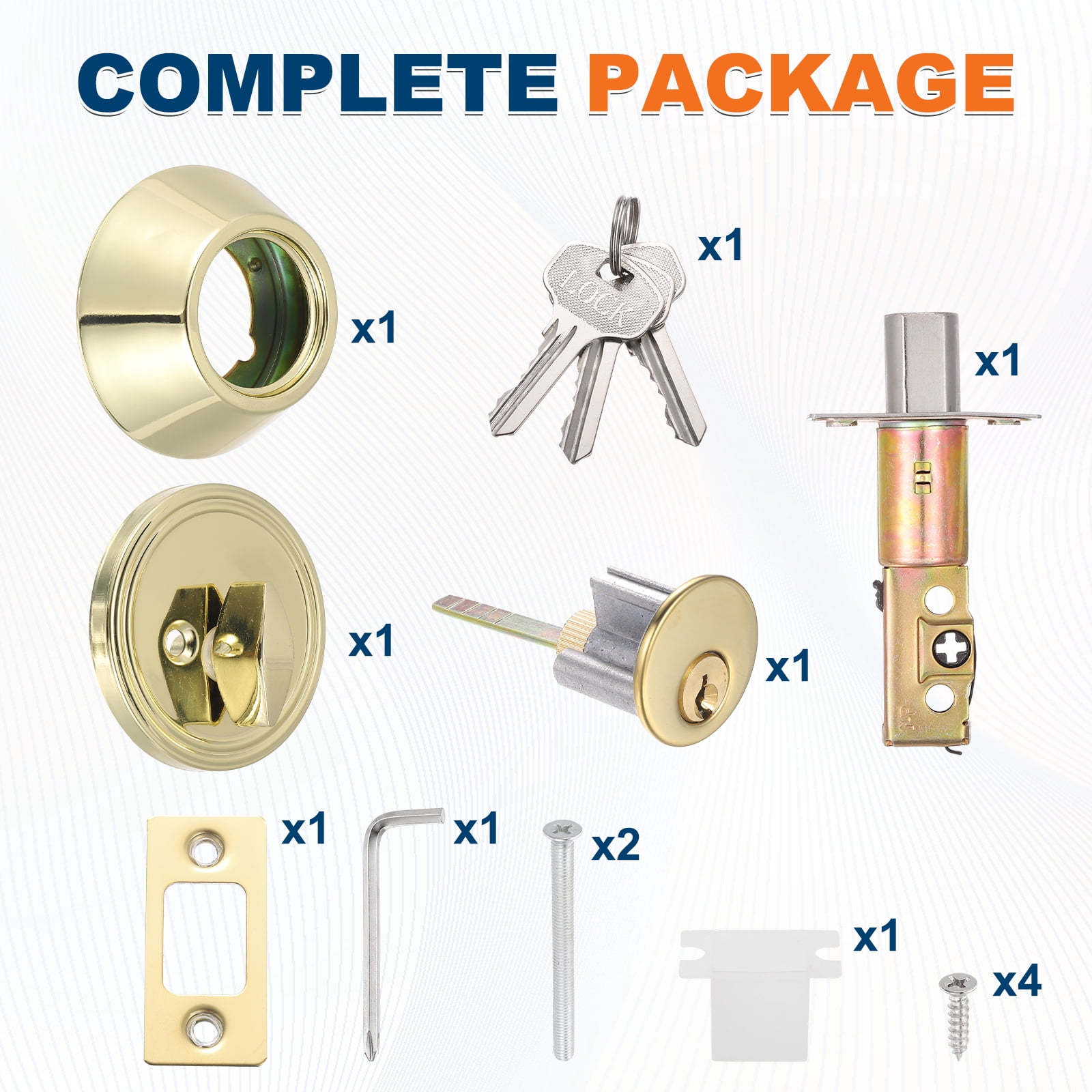 Uxcell Door Lock Set with Single Cylinder Deadbolt (2 Inch, Gold) (1 Set), Round Ball Exterior and Interior Door Knobs, Suit for - Bedroom/Bathroom/Office, Keyed Alike