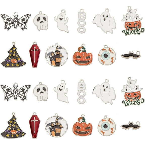 1 box 24pcs 12 styles Charm Ghost Charm Bulk Gothic Charm Pumpkin Ghost Coffin Cross Skull Black Bat Charm for Jewelry Making Charms DIY Bracelet Necklace Party Decor