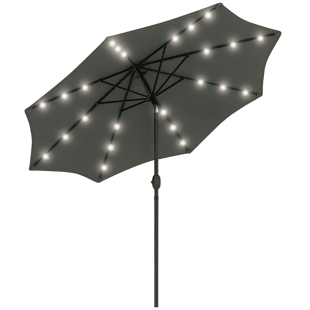 Outsunny Parasol de Patio Solaire de 9 Pi avec Lumières DEL, Auvent Inclinable, Gris