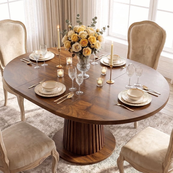 Keenstone Round Dining Table 43"-59" Extendable, for 4 to 6, with Storage Space, Kitchen Dinner Room Table for Dining Room and Small Space Walnut