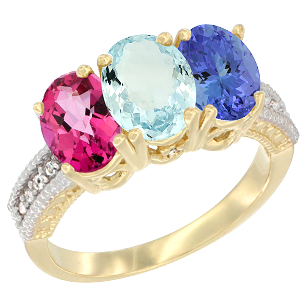 14K Yellow Gold Natural Pink Topaz, Aquamarine & Tanzanite Ring 3-Stone 7x5 mm Oval Diamond Accent, sizes 5 10 by WorldJewels