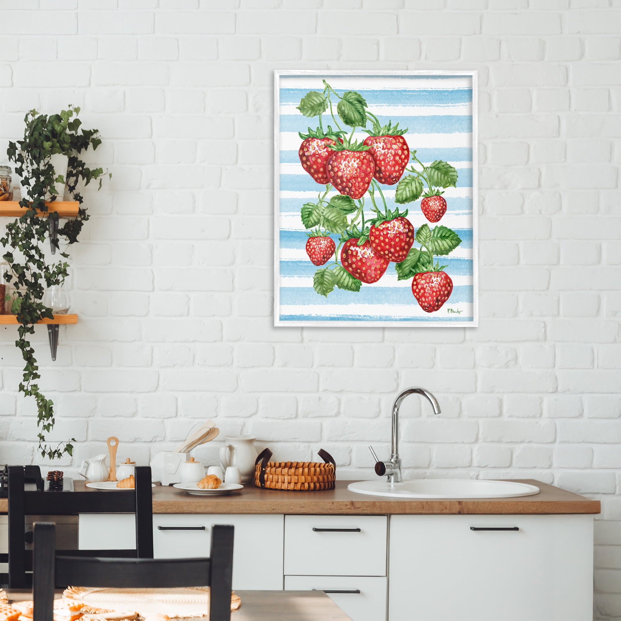 Stupell Industries Juicy Strawberry Vine on Stripes White Framed Giclee Art, design by Paul Brent