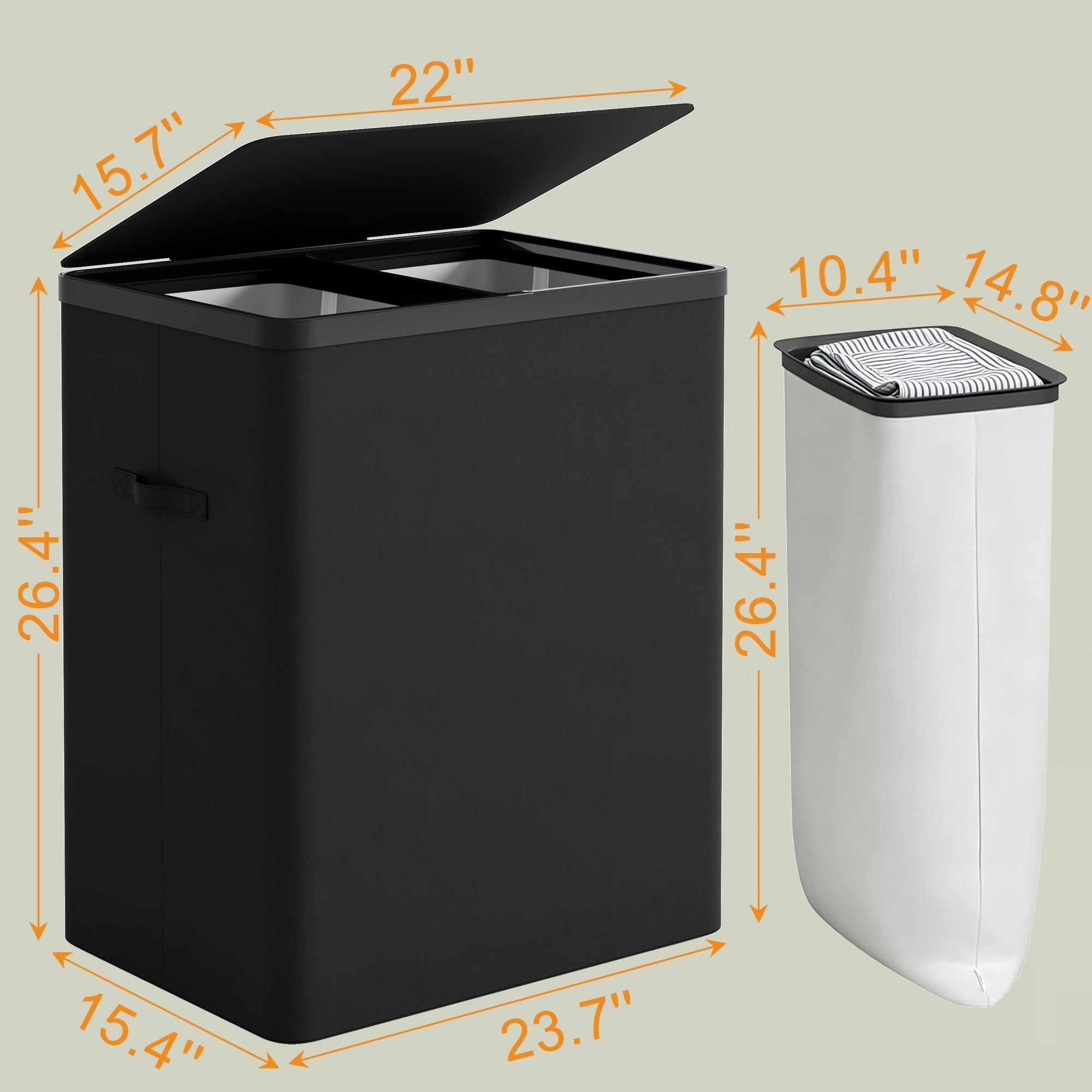 BGTREND 150L Double Laundry Hamper with Lid, 2 Removable Washing Bags with Handles, Large Clothes Sorter for Easy Separation (Black)