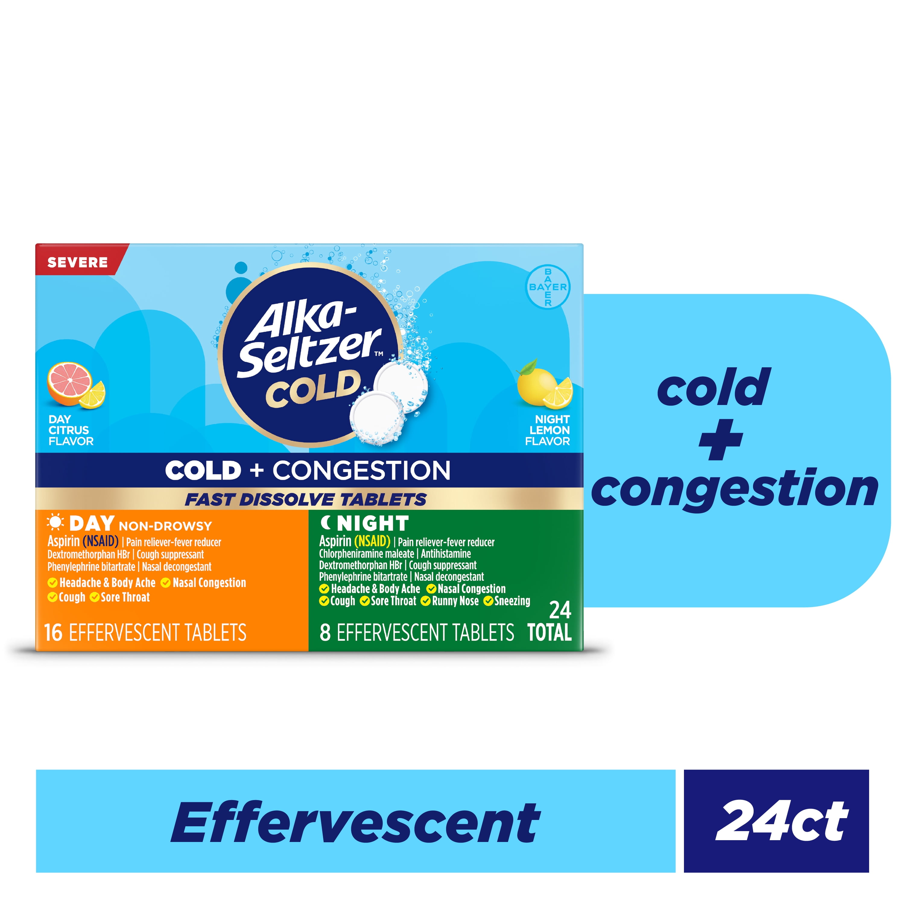(2 pack) Alka-Seltzer Cold, Cold + Congestion Sev Day/Night Fast Dissolve Tabs, Citrus/Lemon Flav, 24 Count