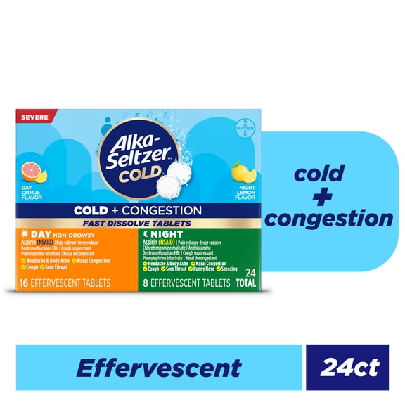 Alka-Seltzer Plus Powerfast Fizz Severe Day   Night Cold Medicine, Effervescent Tablets, 24 Count
