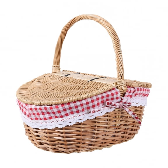 XIBUFE Portable Wicker Picnic Basket with Liner, Vintage Wooden Split Lid Hamper