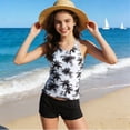 thumbnail image 5 of Einccm Girls' 2-Piece Swimsuit Set for Kids Ages 6-13, Tropical Palm Print High-Waisted Flat Angle Shorts and Bare Shoulders Top, Soft Stretch Fabric Slim Fit Design, 5 of 6