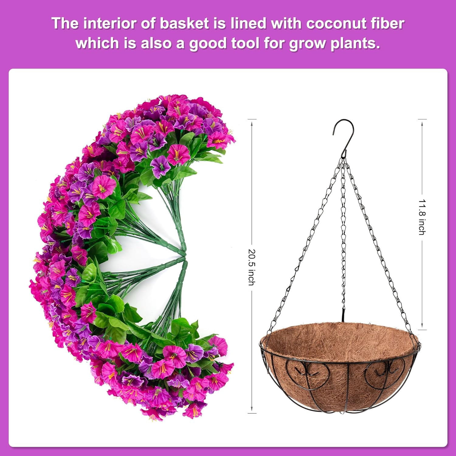 Artificial Hanging Flowers inch Basket, Faux Silk Petunias Flower Arrangement,Coconut Lining Planter with Morning Glories Plants Patio Garden Porch Deck Spring Decor(Lotus and Fuchsia)
