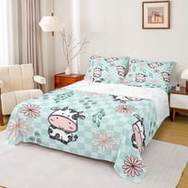 Manfei Kawaii Milk Cow Twin Sheet Sets for Kids, Cartoon Groovy Leaf Plant Twin Fitted Sheet, Pale Turquoise Buffalo Plaid Flat Sheet, Breathable Home Decor, 3-Piece