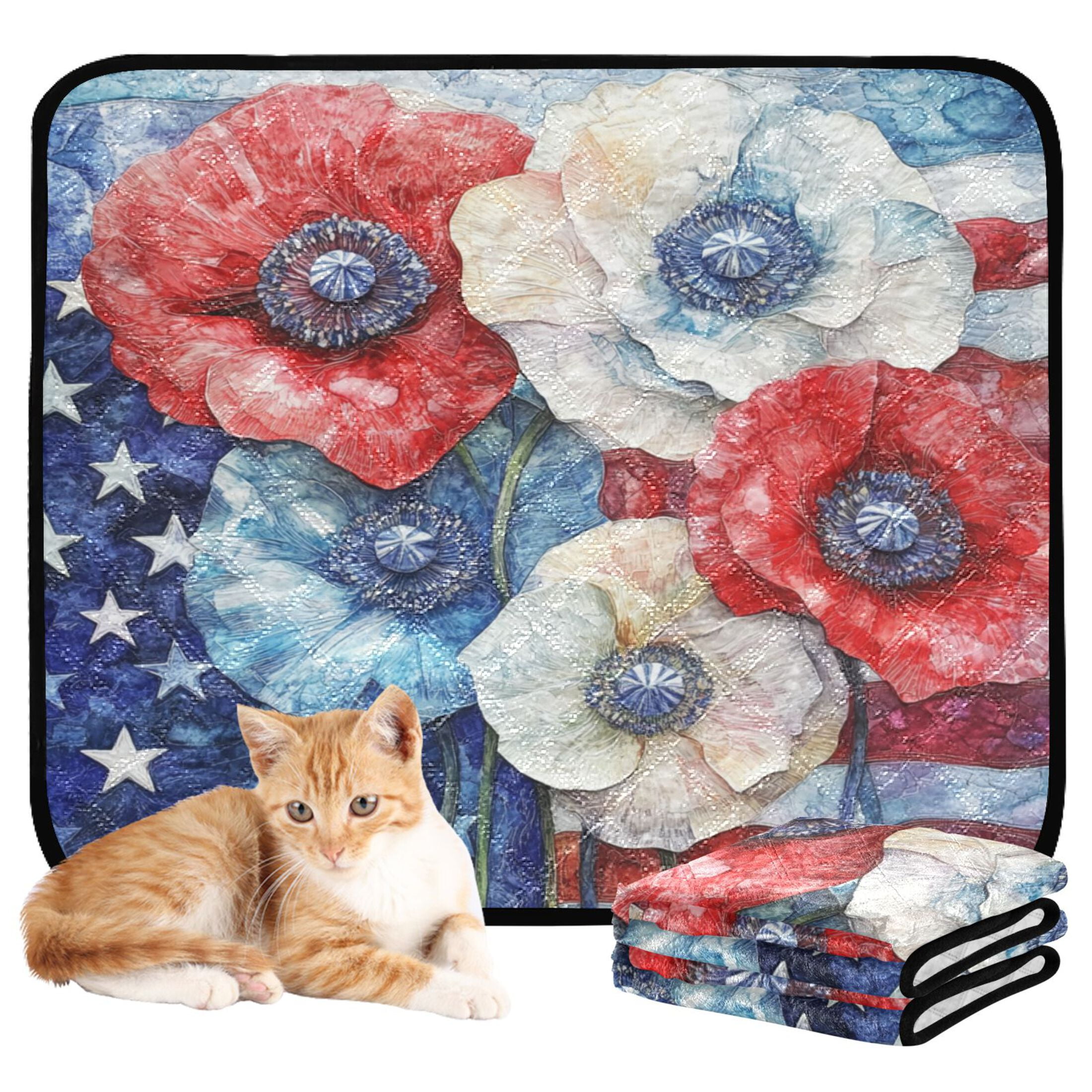Qxltty American Flag Flowers Cat litter Pads Pet Set of 2 Diaper Mats Center Anti-leakage Layer Absorbent Soft and Comfortable