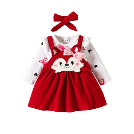 

Baby Girls Autumn Outfits Long Sleeve Romper Tops and Fox Pattern Suspender Skirt Headband Clothes Sets