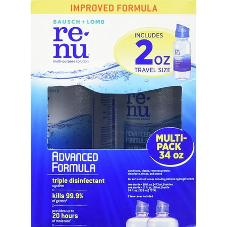 Renu Contact Lens Solution, Advanced Formula, Multi-Purpose Solution with Lens Case, Gently Cleans, Disinfects, Moisturizes & Hydrates Soft Lenses, 16 Fl Oz (Pack of 2) + Travel Size 2 Fl Oz