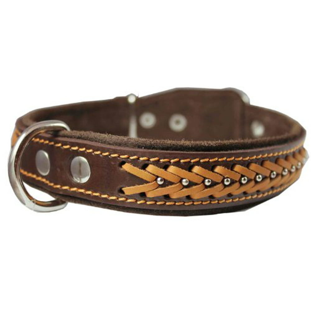 High Quality Genuine Leather Braided Studded Dog Collar, Brown 1.25