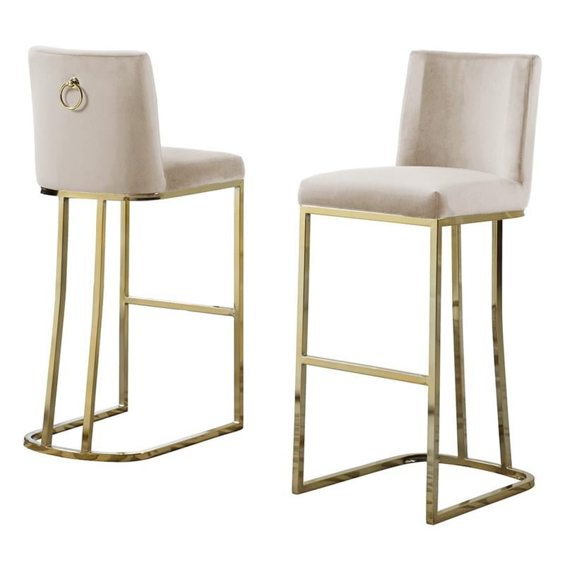 Double Minimalistic Beige Cream Velvet, Brown Leather Bar Stools With Gold Legs