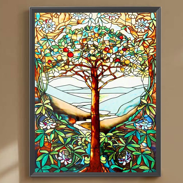 Cuadros Decorativos Pintura de diamante 5D DIY Taladro redondo completo Vidrieras Árbol Kit Decoración (A7345) Wdftyju embutido en tela