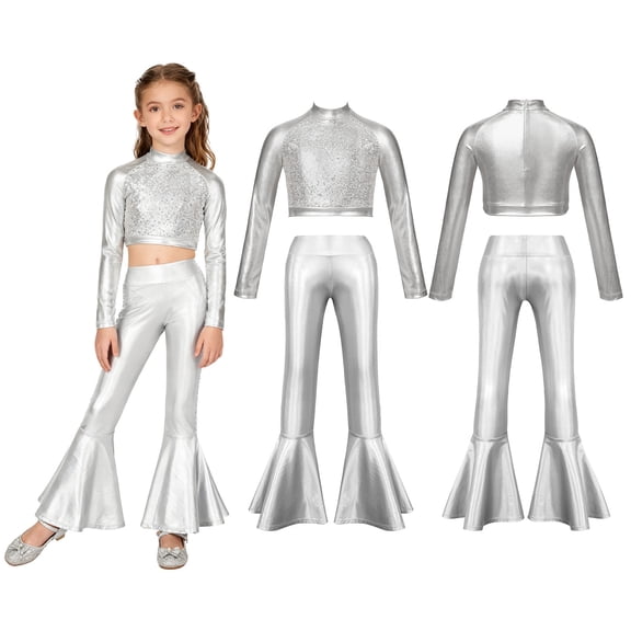 iiniim Girls 2pcs Sequined Jazz Dance Clothing Sets Long Sleeve Mock Neck Top with Flared Pants for Competitions Silver 14