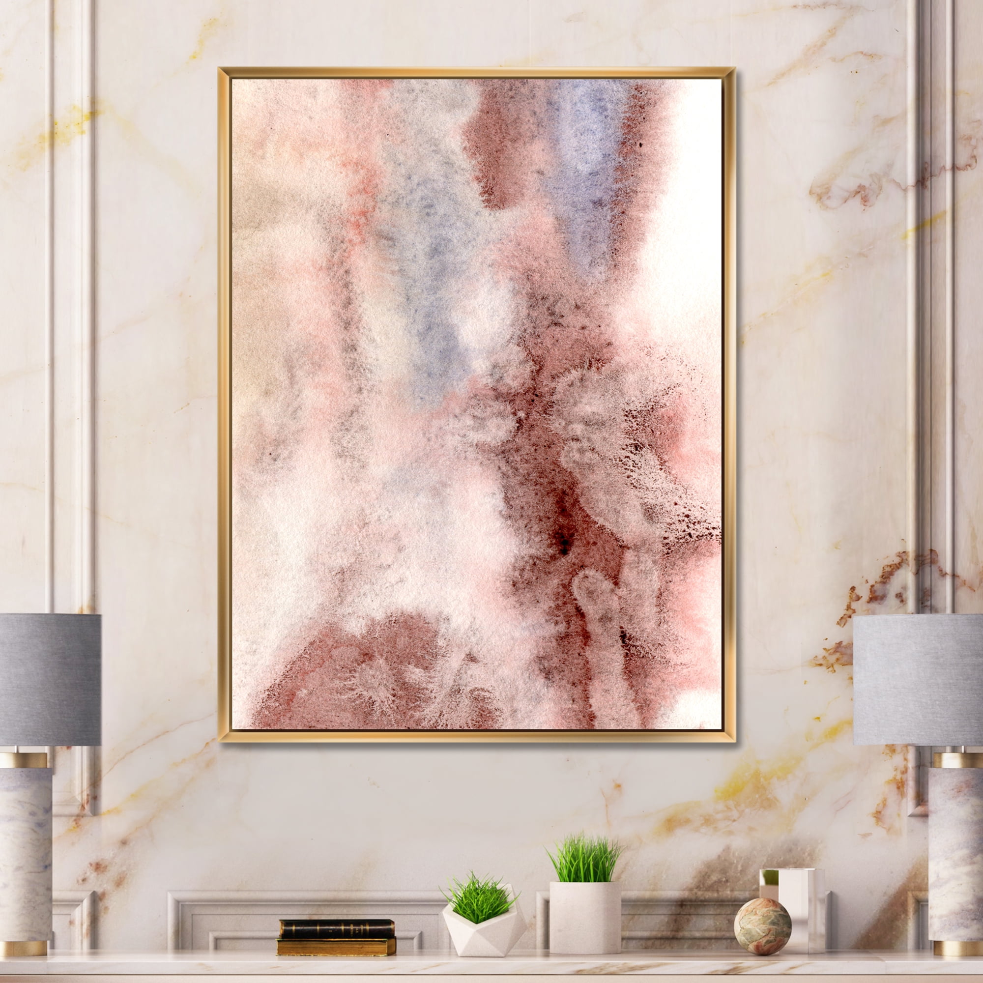 Pastel Abstract With Pink Blue and Dark Red Spots 12 in x 20 in Framed Painting Canvas Art Print, by Designart