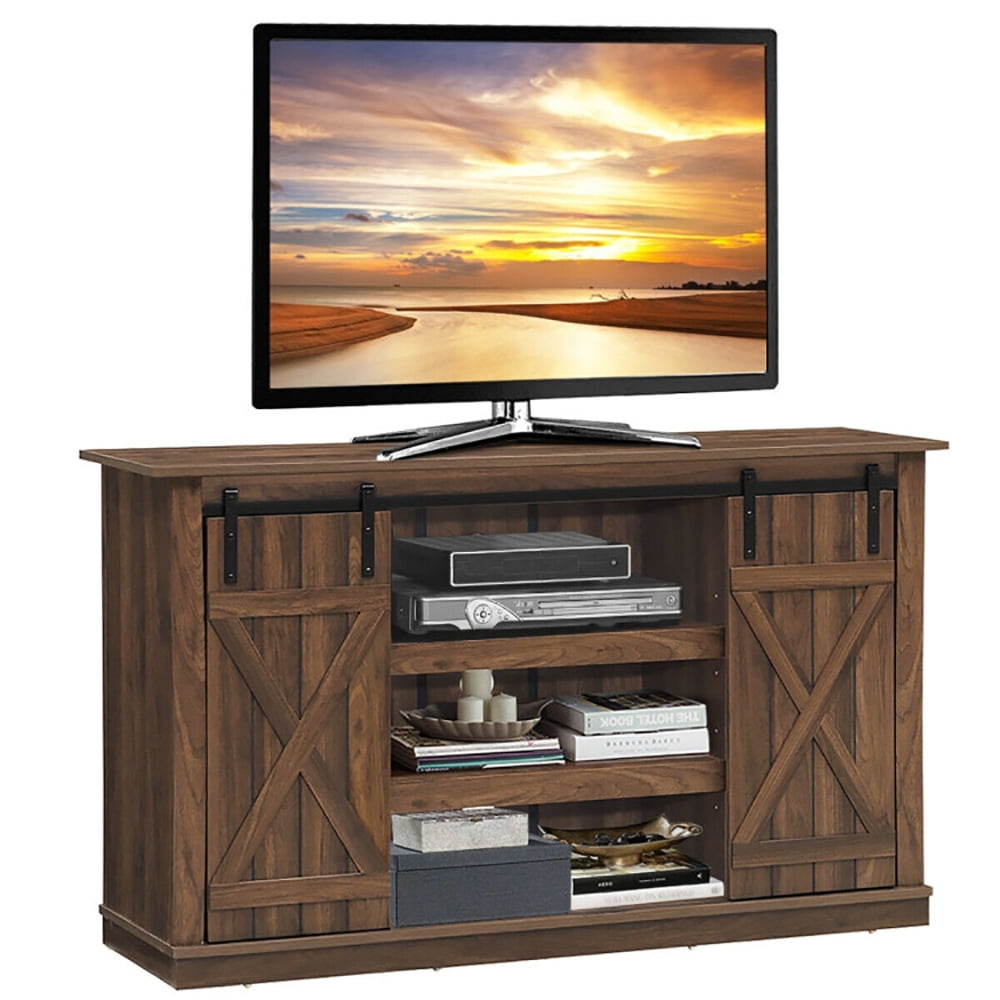 Finihen TV Stand, TV Cabinet, Sliding Barn TV Stand Console Table, Media Entertainment Center with Storage, for Living Room, Bedroom, Brown