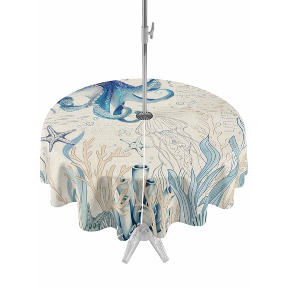 Outdoor Tablecloth with Umbrella Hole for Patio/Picnic/Party/Camping, Blue Octopus Coastal Waterproof Table Cloth Round Cover Washable, Coral Summer Beach Nautical Ocean Beige (Dia 54")