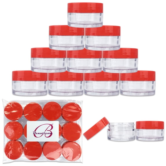 Beauticom 12 Pieces High Quality 20G/20ML Clear Round Acrylic Cosmetic Product Sample Travel Jars with Flat Top Lids (Red)