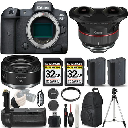 Image of Canon EOS R5 Mirrorless Camera + Canon 5.2mm f/2.8 L Lens + Canon 50mm 1.8 Lens + Backup Battery + 64GB Kit. All Original Accessories Included - International Version