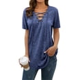 thumbnail image 4 of Camiseta de mujer con cuello en V y cordones, manga corta, blusa suelta causal, azul, XXL Methold AP001631-15, 4 of 7