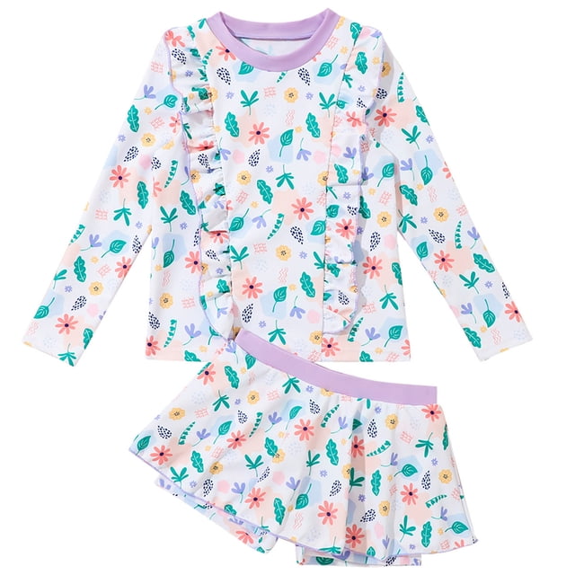 Girls Rash Guard Set, Long Sleeve Swimsuit with UPF 50+ Sun Protection, Two Piece Bathing Suit for Toddler Kids, Cute Print Swimwear for Beach Pool Surfing