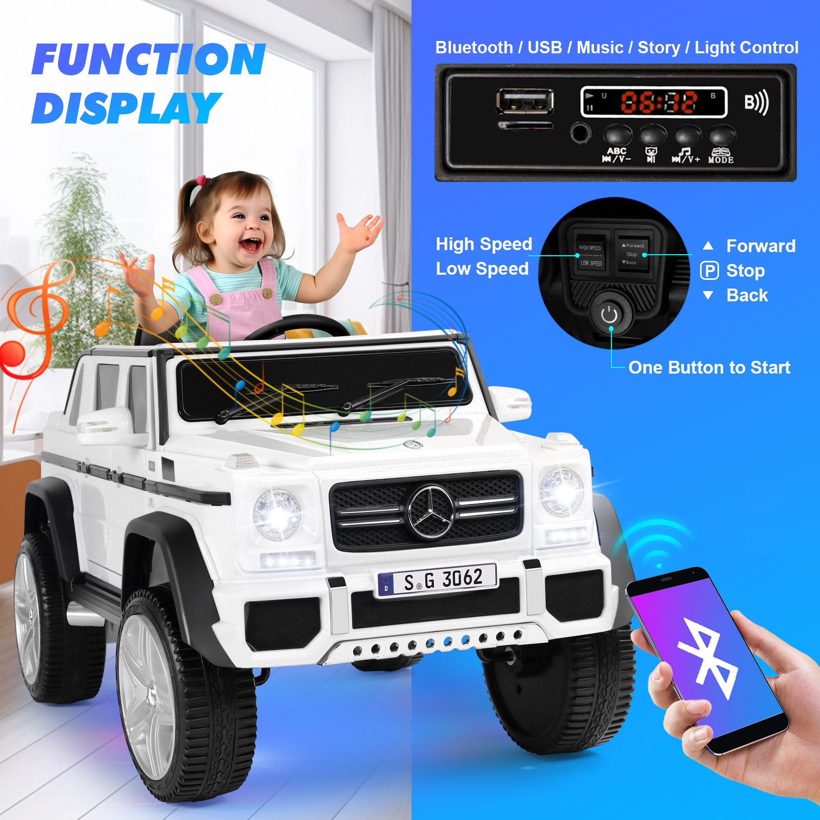 JOYLDIAS 12V Powered Electric Ride on Car Licensed Mercedes-Benz G650S for Kids with Remote Control, 2 Motors, 3 Speeds, Lock, Music, Horn, LED Light (white)