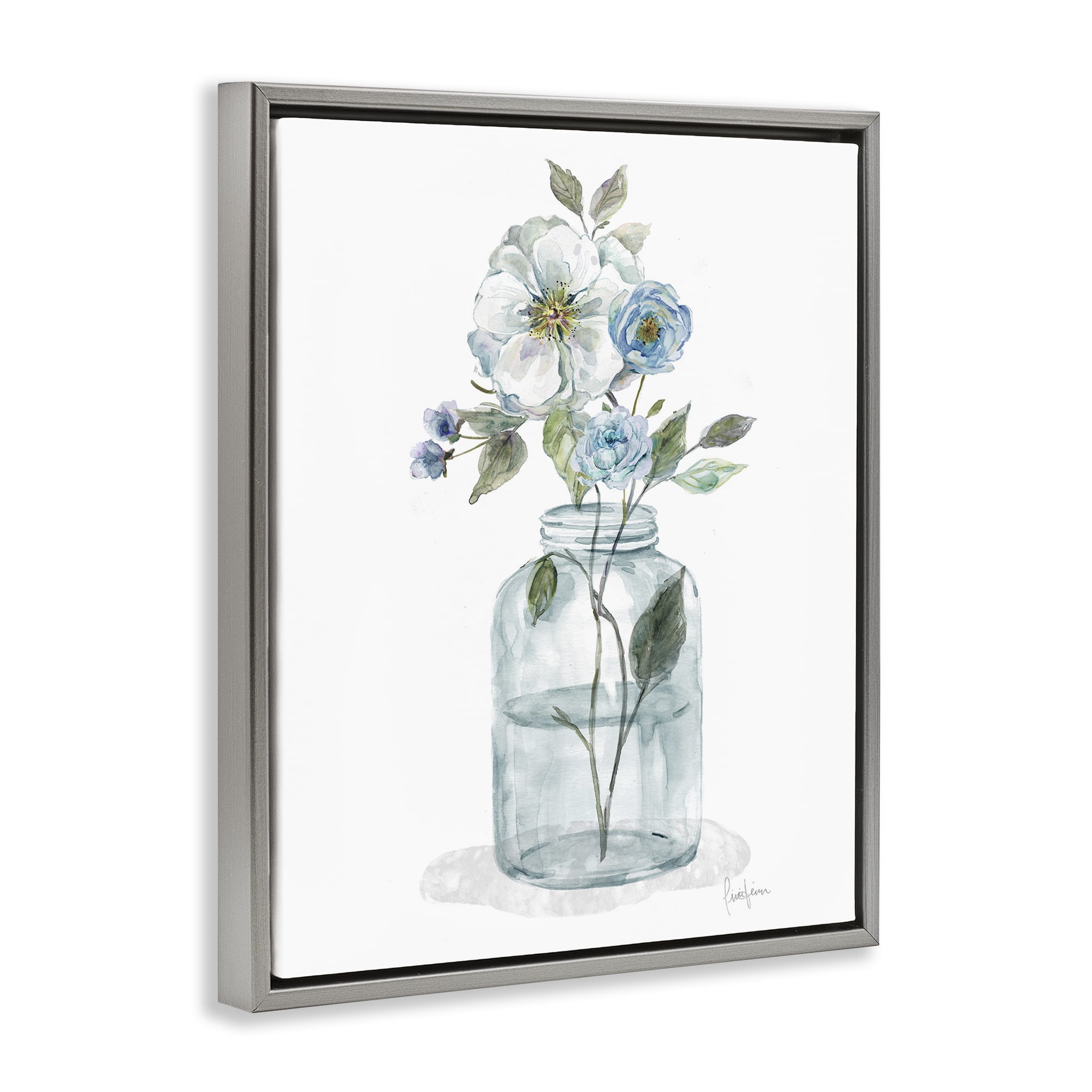 Stupell Industries Soft Blue & White Flowers Botanical & Floral Painting Gray Floater Framed Art Print Wall Art, 25 x 31