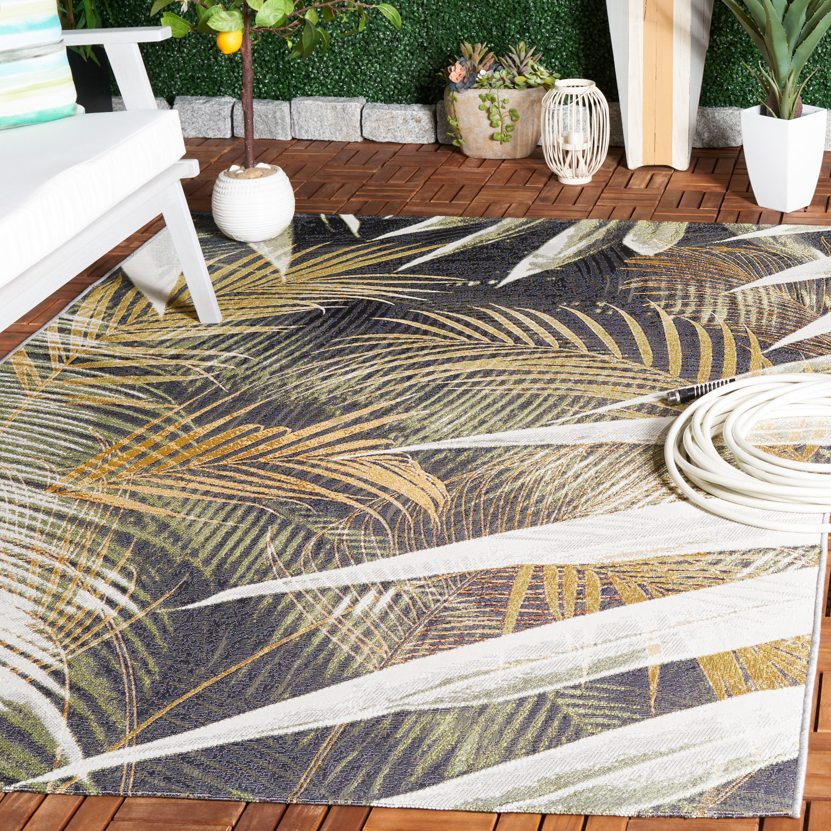 SAFAVIEH Barbados Klara Botanical Indoor/Outdoor Area Rug, Black Green/Gold, 6'6" x 6'6" Square