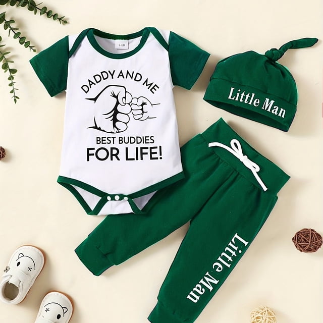 Cute & Casual "DADDY AND ME" Letter Print Outfit - Short Sleeve Onesie Romper & Pants & Hat Baby Boys Set