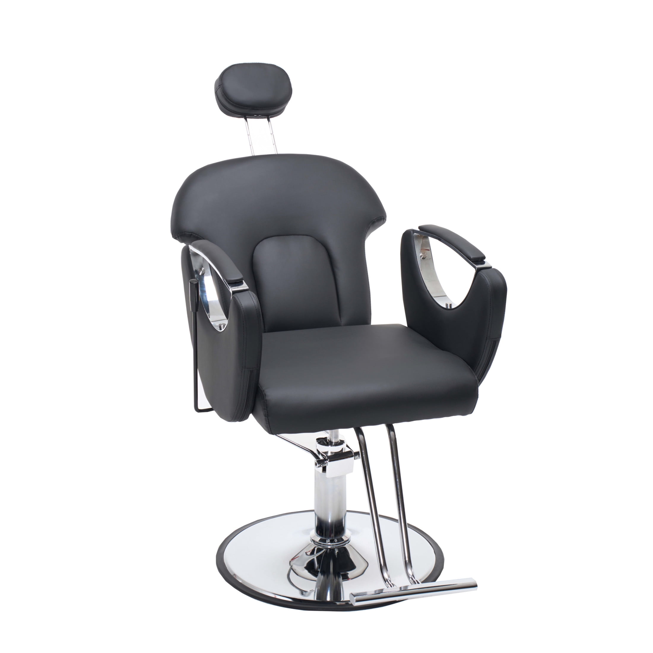 Noble House Hydraulic Barber Chair, Reclining Salon Styling Chair, PU Upholstery, Black + Chrome