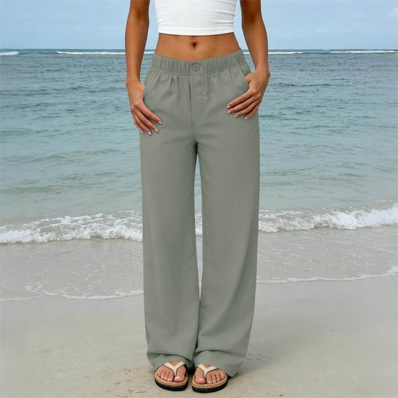 CLOISE Women Summer Pants with Pockets Mid Waist Straight Leg Long Pants Elastic Waist Solid Baggy Travel Vacation Outfits Gray M
