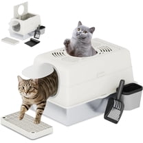 YODOLLA Extra Large Enclosed Stainless Steel Cat Litter Box with Lid, Front Dual-Door and Top Exit Metal Kitty Pan Box for Big Cats, w/ Litter Scoop, Box Step, Waste Bin & Trash Bags in White