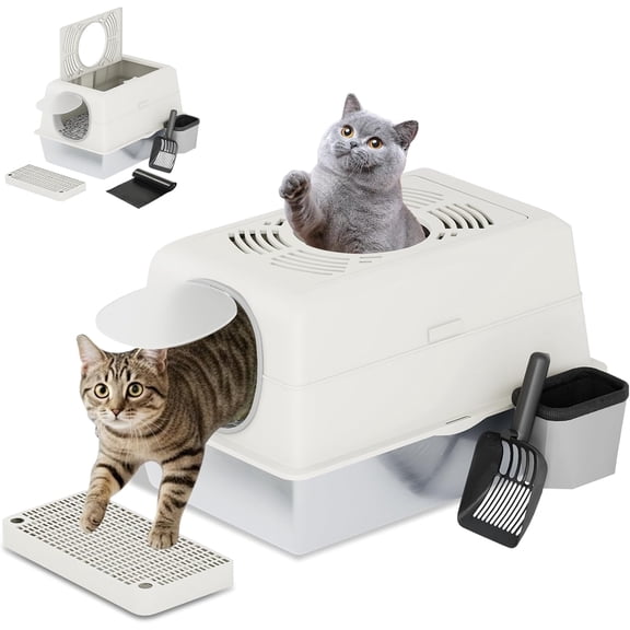 YODOLLA Extra Large Enclosed Stainless Steel Cat Litter Box with Lid, Front Dual-Door and Top Exit Metal Kitty Pan Box for Big Cats, w/ Litter Scoop, Box Step, Waste Bin & Trash Bags in White