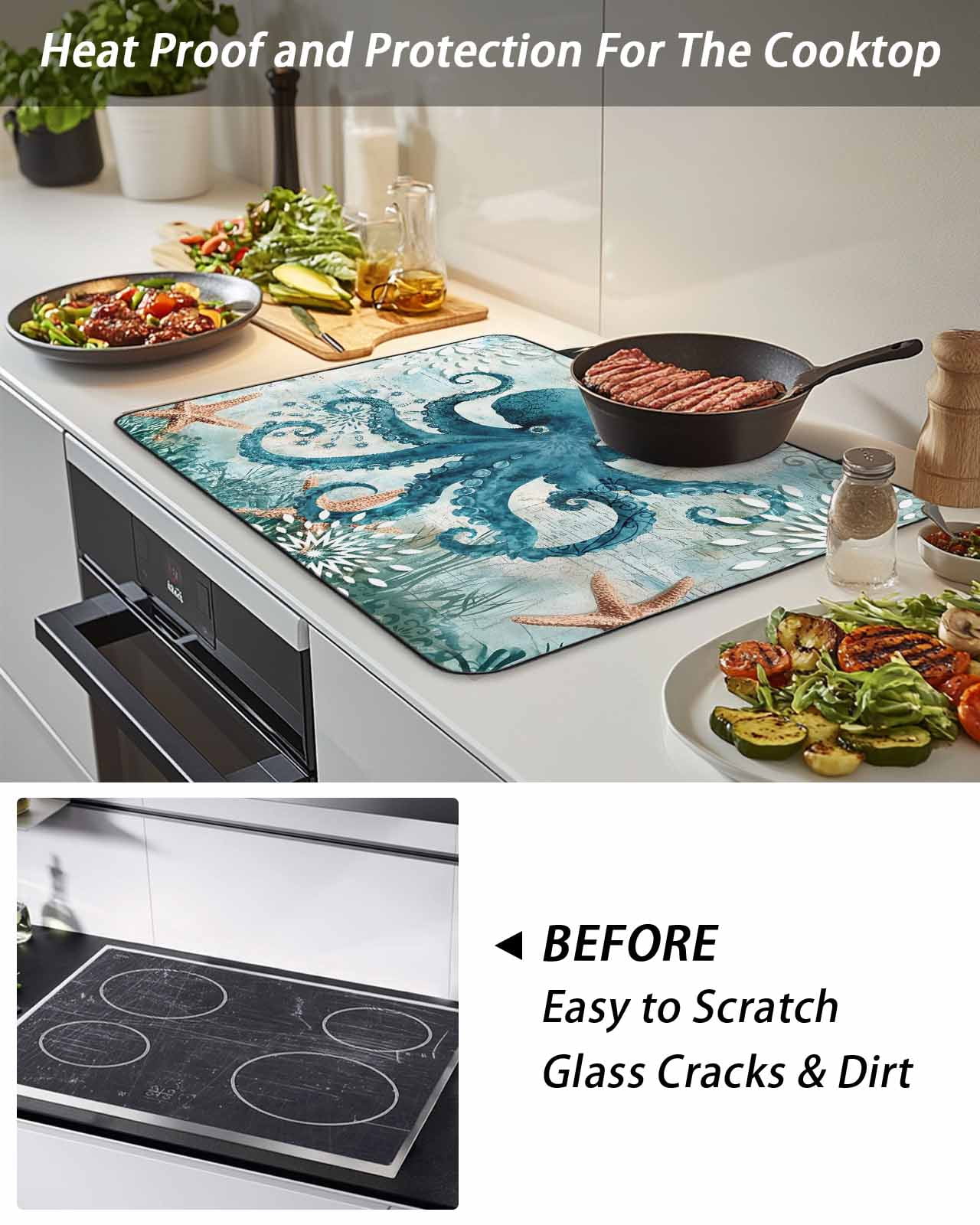 Stove Top Covers for Electric Stove, Coastal Octopus Glass Stovetop Cover Protector, Teal Nautical Beach Starfish Vintage Induction Cooktop Protector Oven Mat for Kitchen Countertop 24"x21"