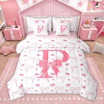 Homewish Ribbon Monogrammed P Bedding Comforter Set 7pcs for Teen, Cartoon Initial Letter King Bedding Sets, Kawaii Love Heart Reversible Bed Sheets, Super Cozy Room Decor