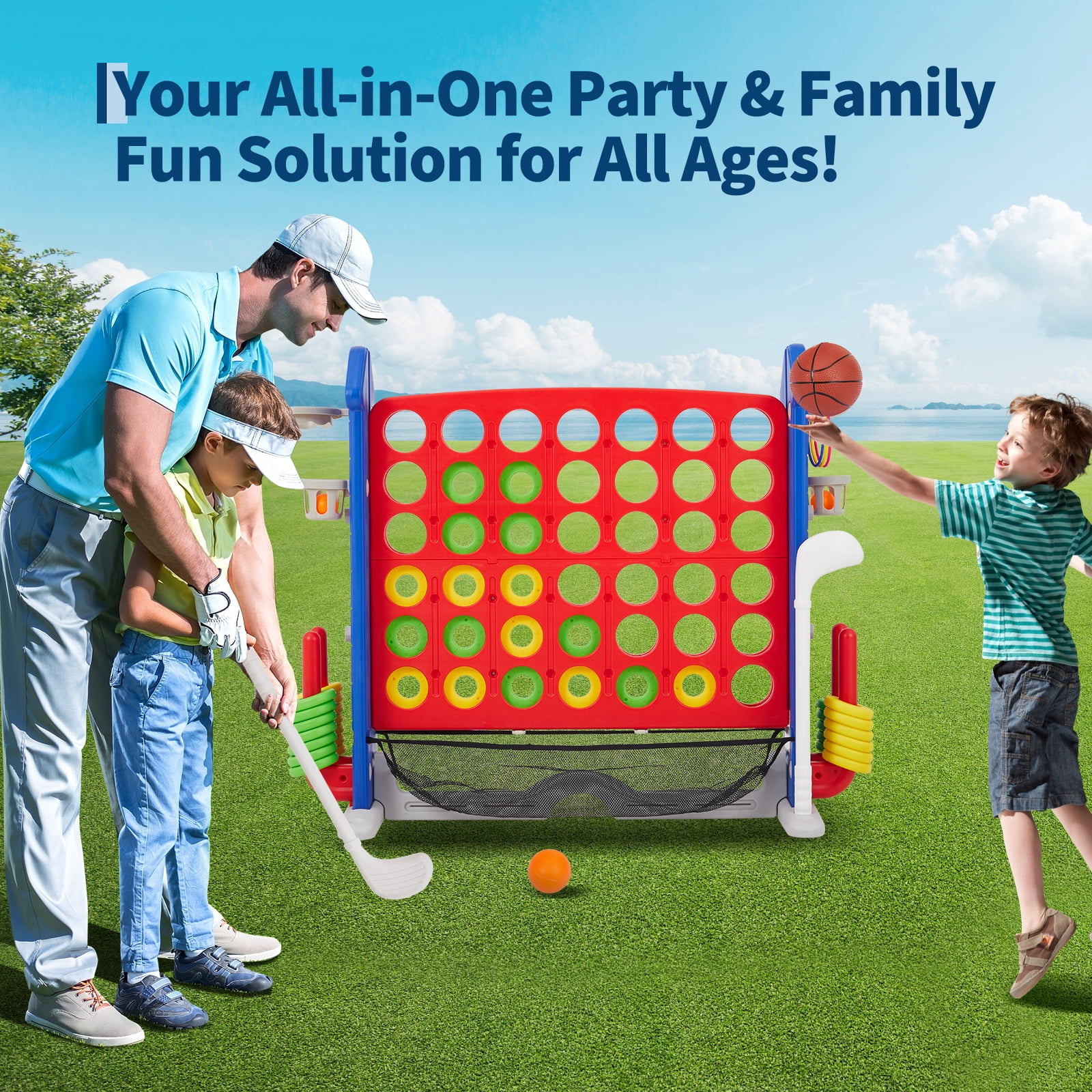 Jumbo 4-in-1 Giant Floor Game Set, Adjustable Height 4-in-a-Row Golf Basketball Ring Toss with Quick-Release Slider Mesh Pocket Carry Bag Indoor Outdoor Family Backyard Game